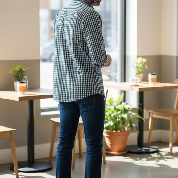 Men's Michael Kors Sz. 18 1/2, 34/35 Midnight Green Long Sleeve Checkered Shirt - Picture 2 of 10
